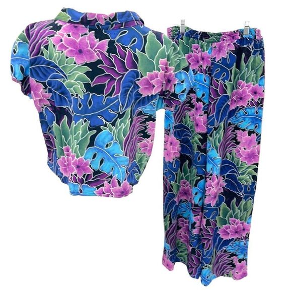 Bali Maximalist Purple Blue Floral Summer 2-Piece Wide Leg Casual Pant Set - Picture 2 of 10